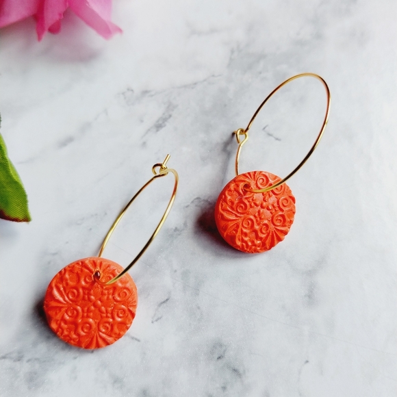 OpalGlaze Polymer Clay Orange Hoops Hand crafted Earrings. - Picture 3 of 3